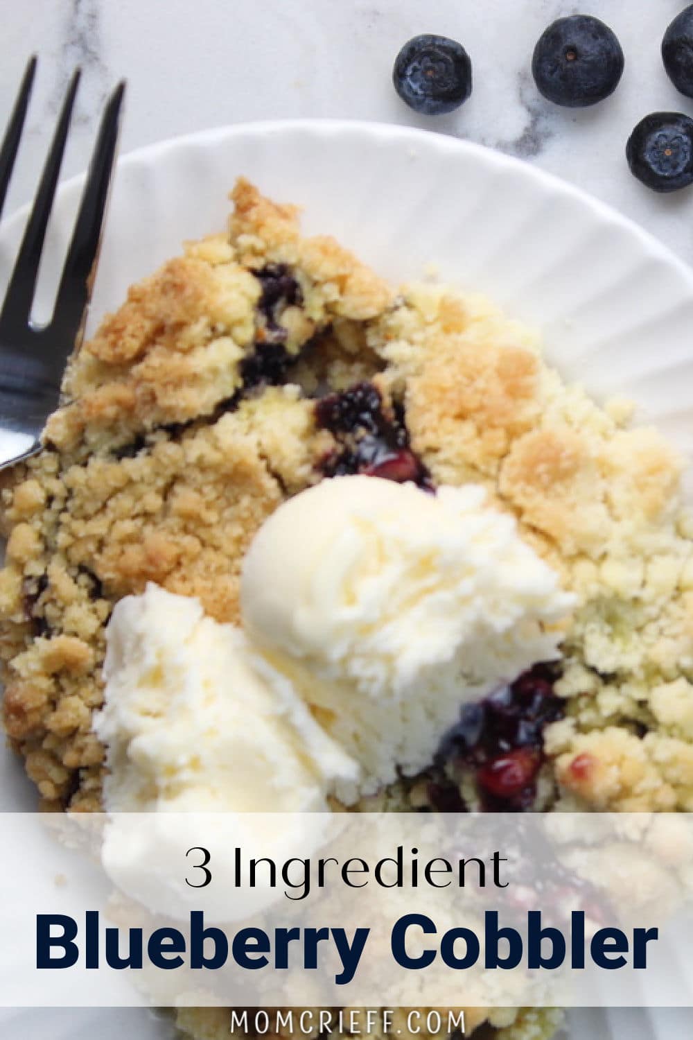 3 ingredient blueberry cobbler with ice cream.