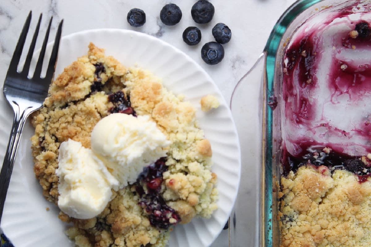 blueberry cobbler with vanilla ice cream on a white plate