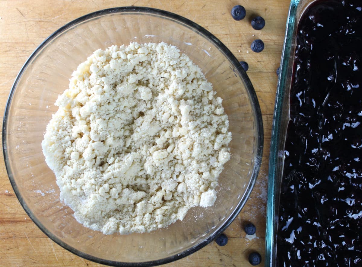 crumble texture of cake mix stired into melted butter