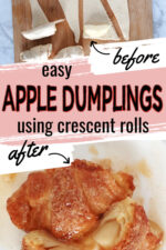 top image shows apple slices being wrapped in crescent dough. Bottom image shows two cooked apple dumpling, one cut in half to see the inside. Text overlay states easy apple dumplings using crescent rolls.