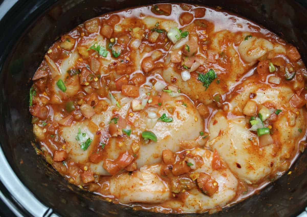 Chicken ready to be cooked in slow cooker with seasonings.