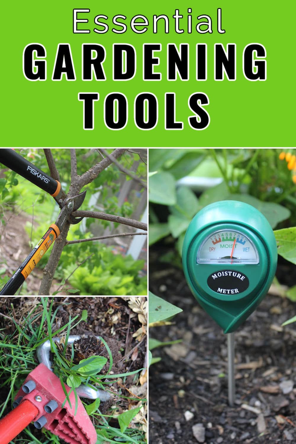 essential gardening tools including a weeding tool, a long armed lopper and a soil moisture guage.