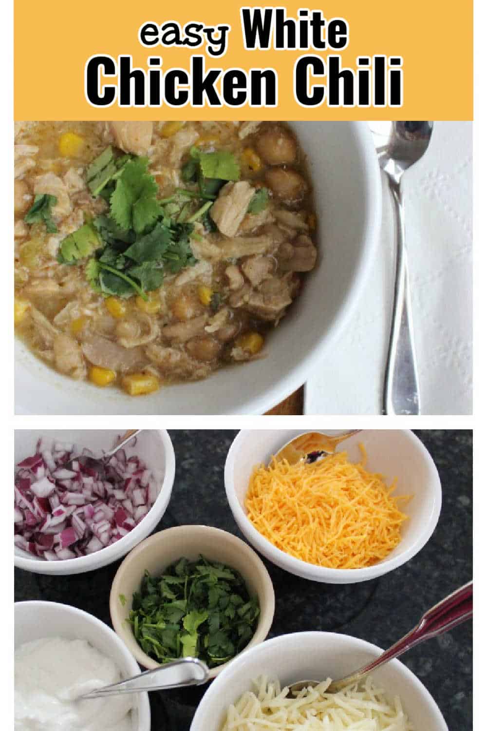 white chicken chili in a white bowl.  Second image shows topping that include chopped onions, grated cheddar cheese, cilantro and sour cream.