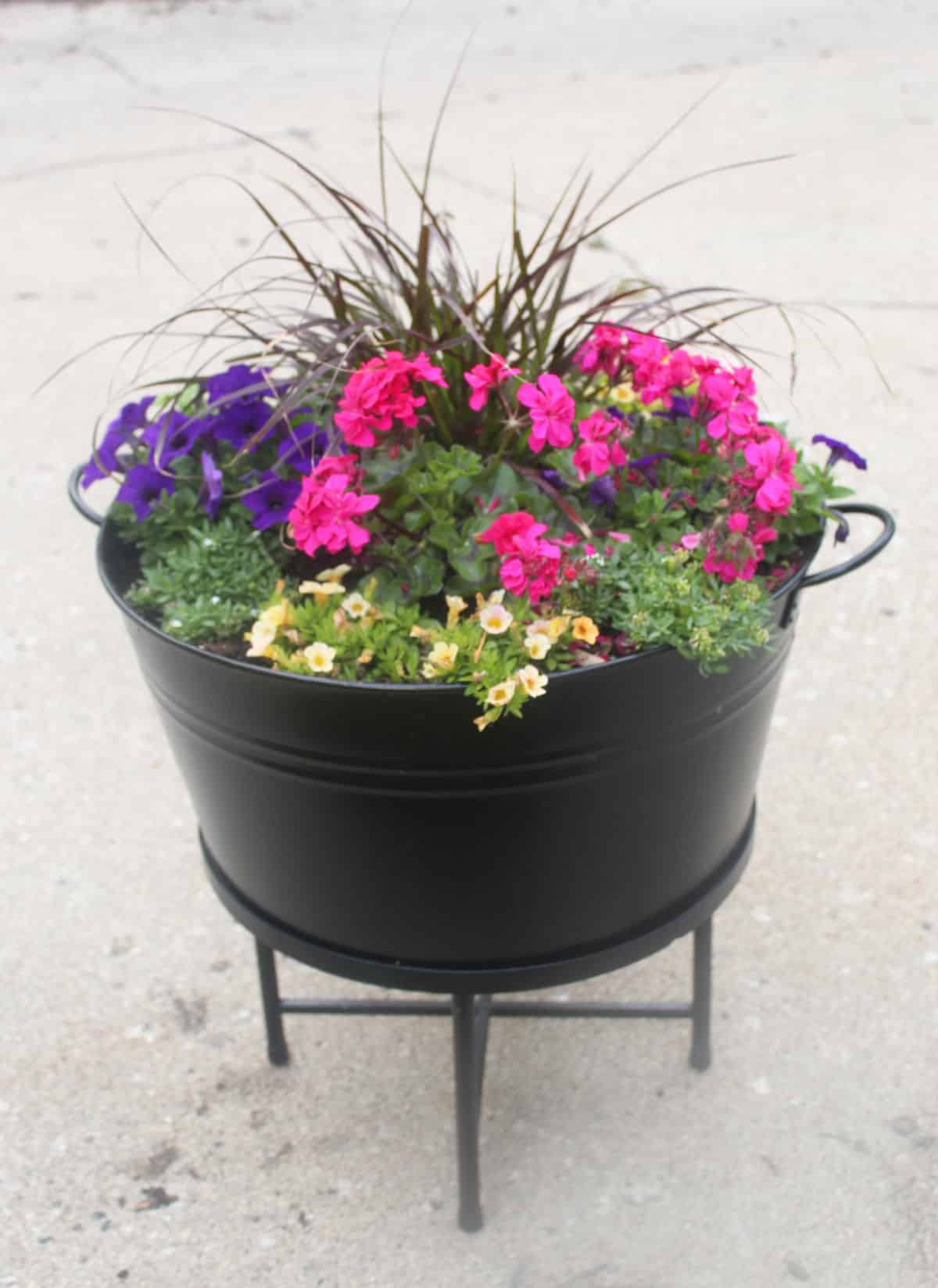 Black metal tub on a stand with pink, yellow and purple flowers.