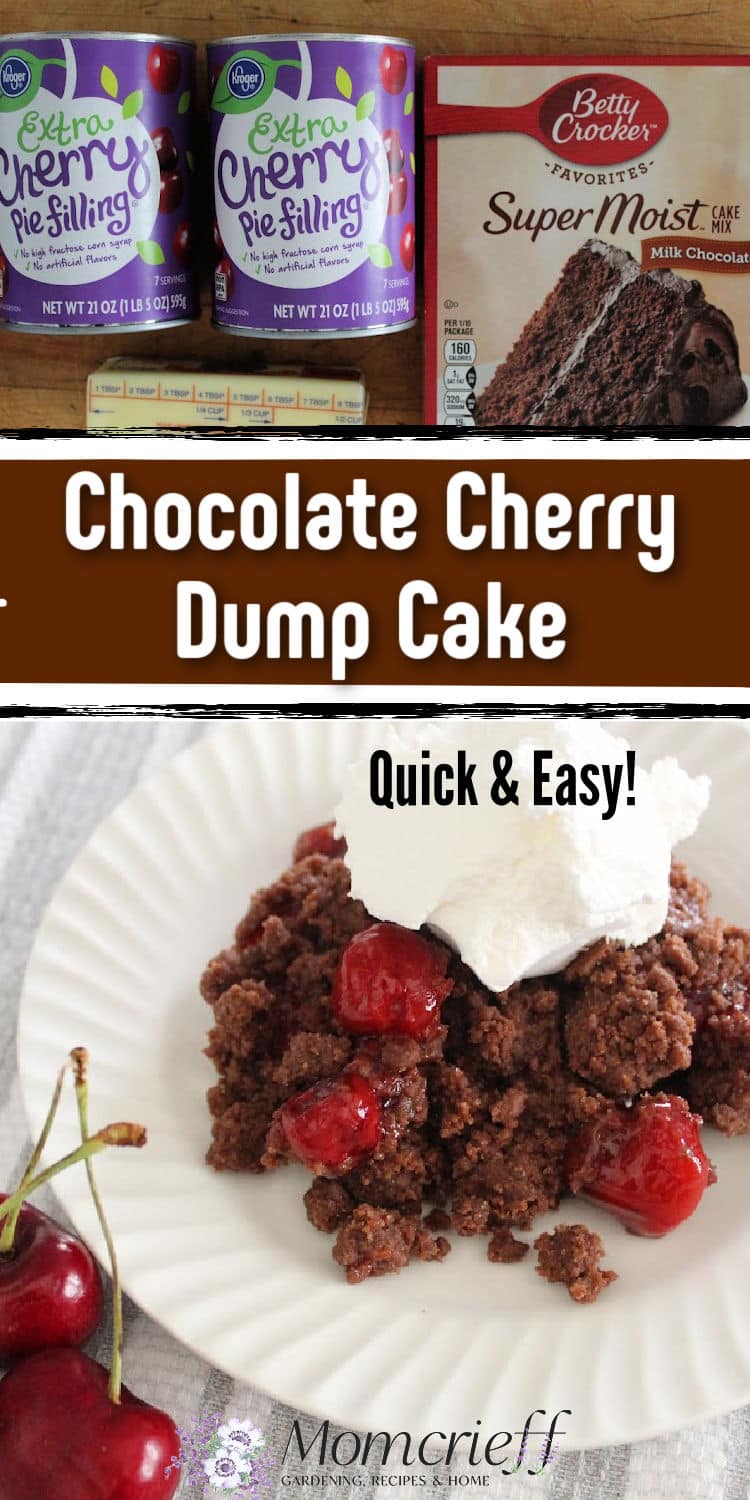 collage with top image showing ingredients for chocolate cherry dump cake.  Bottom image shows a portion that is ready to eat on a white plate.  Text overlay says Chocolate Cherry dump cake.