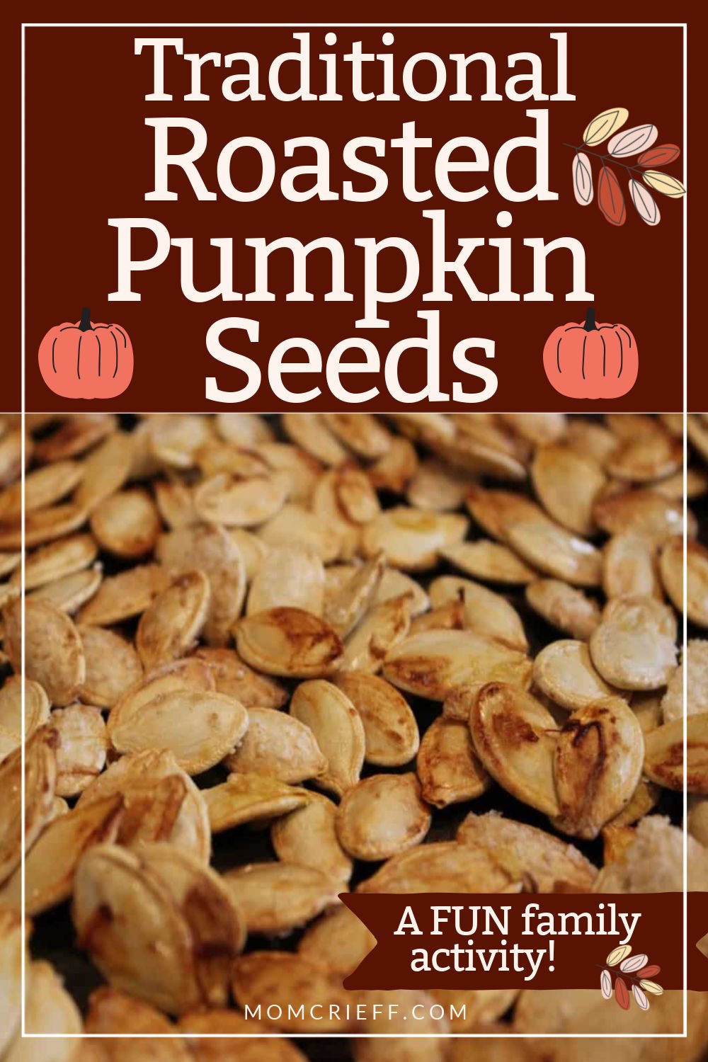 Roasted pumpin seeds. Text says traditional roasted pumpkin seeds. A fun family activity.