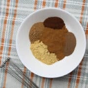 the following spices in a bowl to make pumpkin spice mix - ground cinnamon, ginger, nutmeg, allspice and cloves.