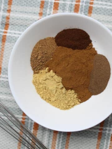 the following spices in a bowl to make pumpkin spice mix - ground cinnamon, ginger, nutmeg, allspice and cloves.