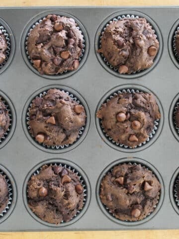 A dozen freshly baked chocolate chip pumpkin muffins in a muffin tin.