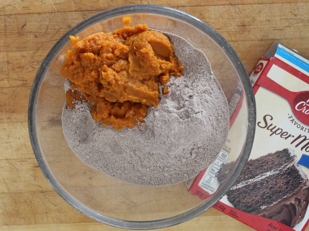 pumpkin puree with chocolate cake mix in a bowl