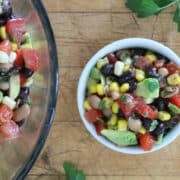 smaller serving of cowboy caviar in a small white bowl.