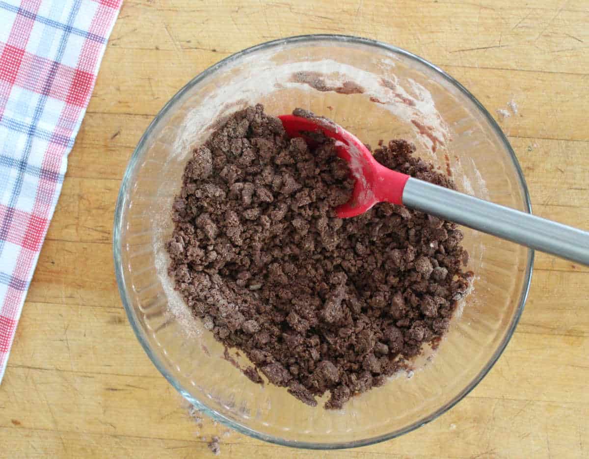 chocolate cake mix mixed with melted butter to produce a crumble like topping