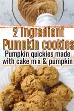 pumpkin cookie batter being made. Plate of pumpkin cookies (aka pumpkin quickies) sitting on a white plate - perfect fall treat!