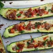 baked pizza boats made with scooped out zucchini halves.