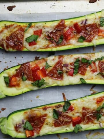 baked pizza boats made with scooped out zucchini halves.