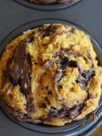 Pumpkin nutella muffin with the nutella swirled through the baked pumpkin muffin.