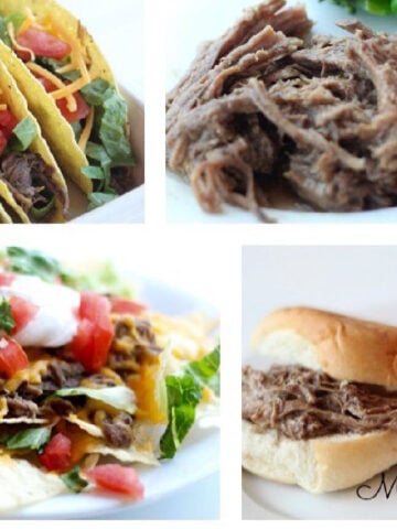 Shredded beef served with broccoli, on a bun, in tacos and as nachos.