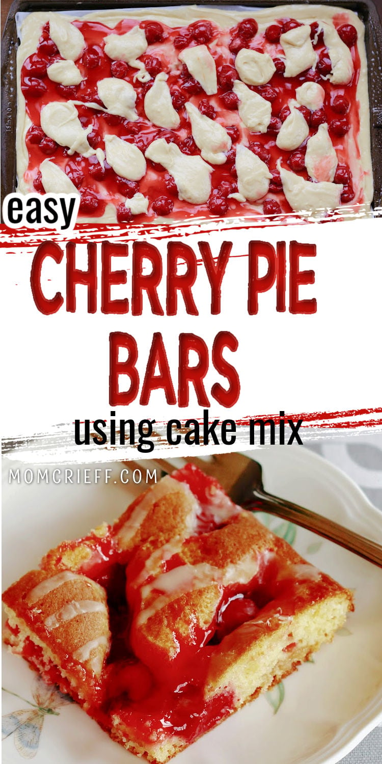 Cherry pie bars with one image showing a process shot, the second image a square cherry pie bar.