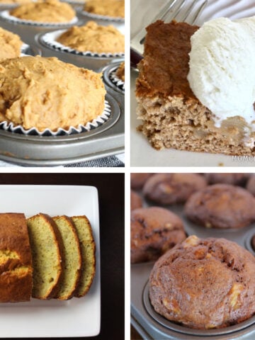 Collage with a picture of a pumpkin muffin, a piece of chocolate cake with ice cream, sliced banana loaf and a chocolate banana muffin.