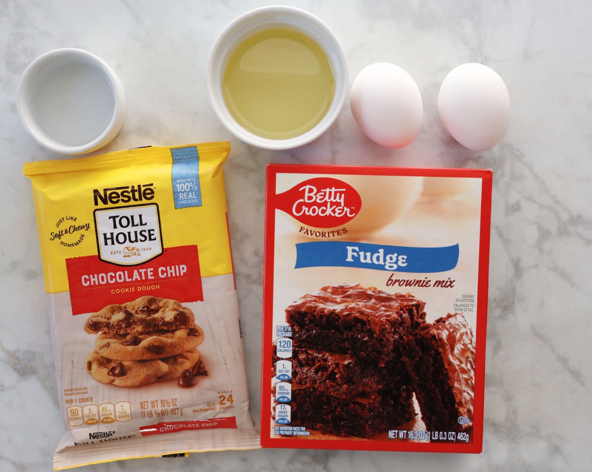 Brookie ingredients including brownie mix, eggs, oil, water and redrigerated cookie mix.