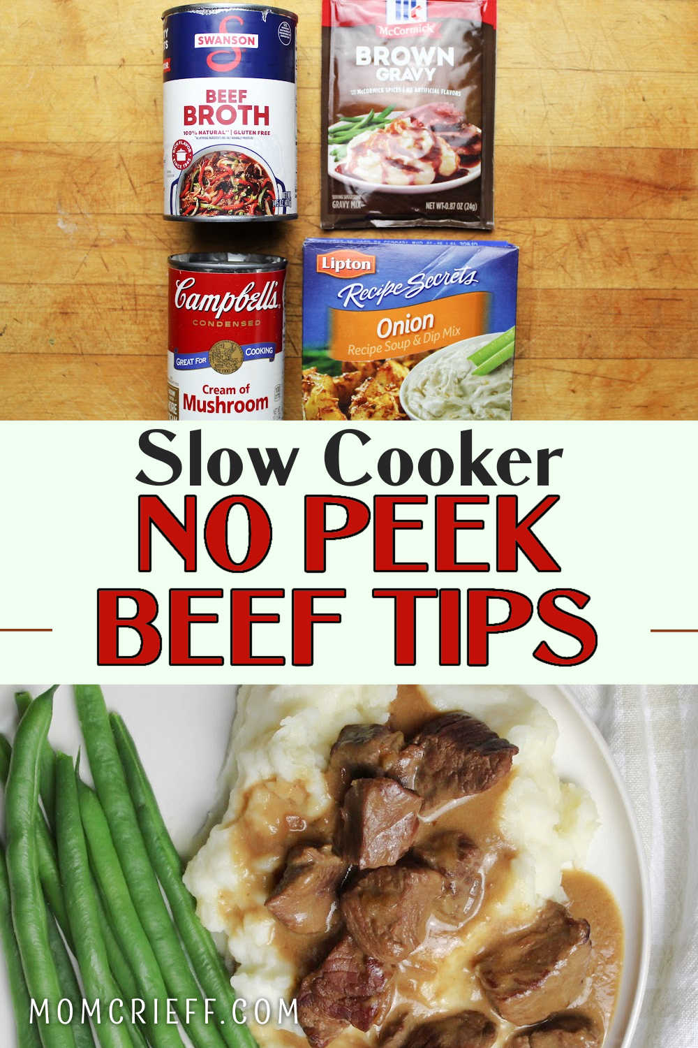 No Peek Beef Tips on mashed potatioes with a side of greens.