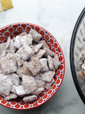 Puppy chow in a small bowl.