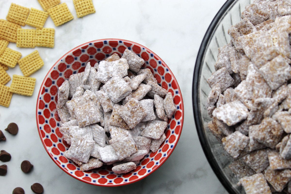 Puppy chow in a small bowl.