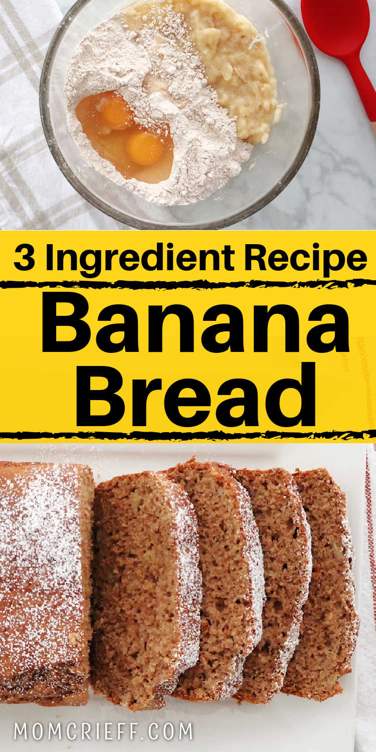 One image shows bowl with three ingredients showing cake mix, 2 eggs and mashed bananas