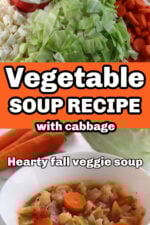 freshly chopped vegetable ingredients, then image of hearty vegetable soup with cabbage, carrots, celery, and cauliflower in a blue bowl