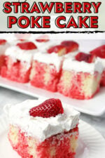 strawberry poke cake with whipped topping and a strawberry on top.