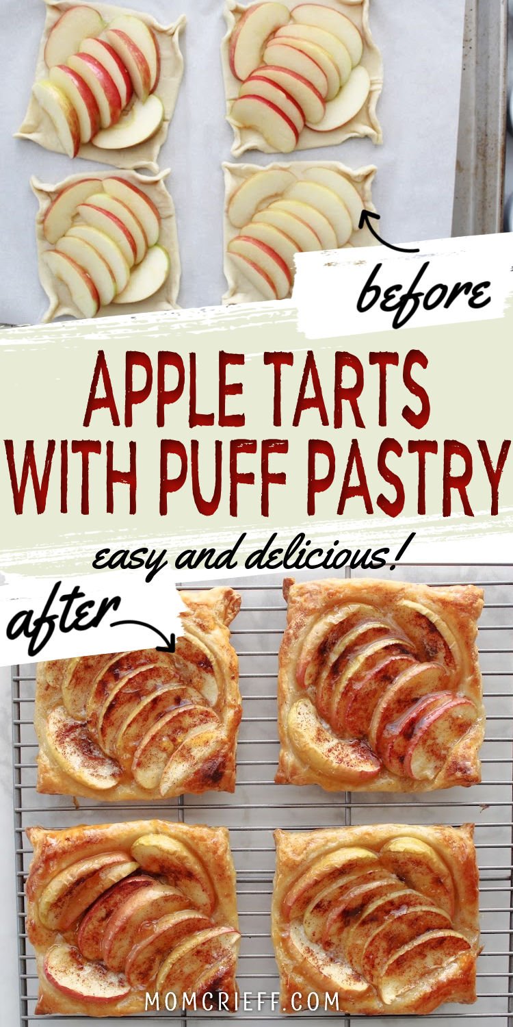 upper image showing sliced apples on uncooked puff pastry. Lower image showing finished baked apple tarts.
