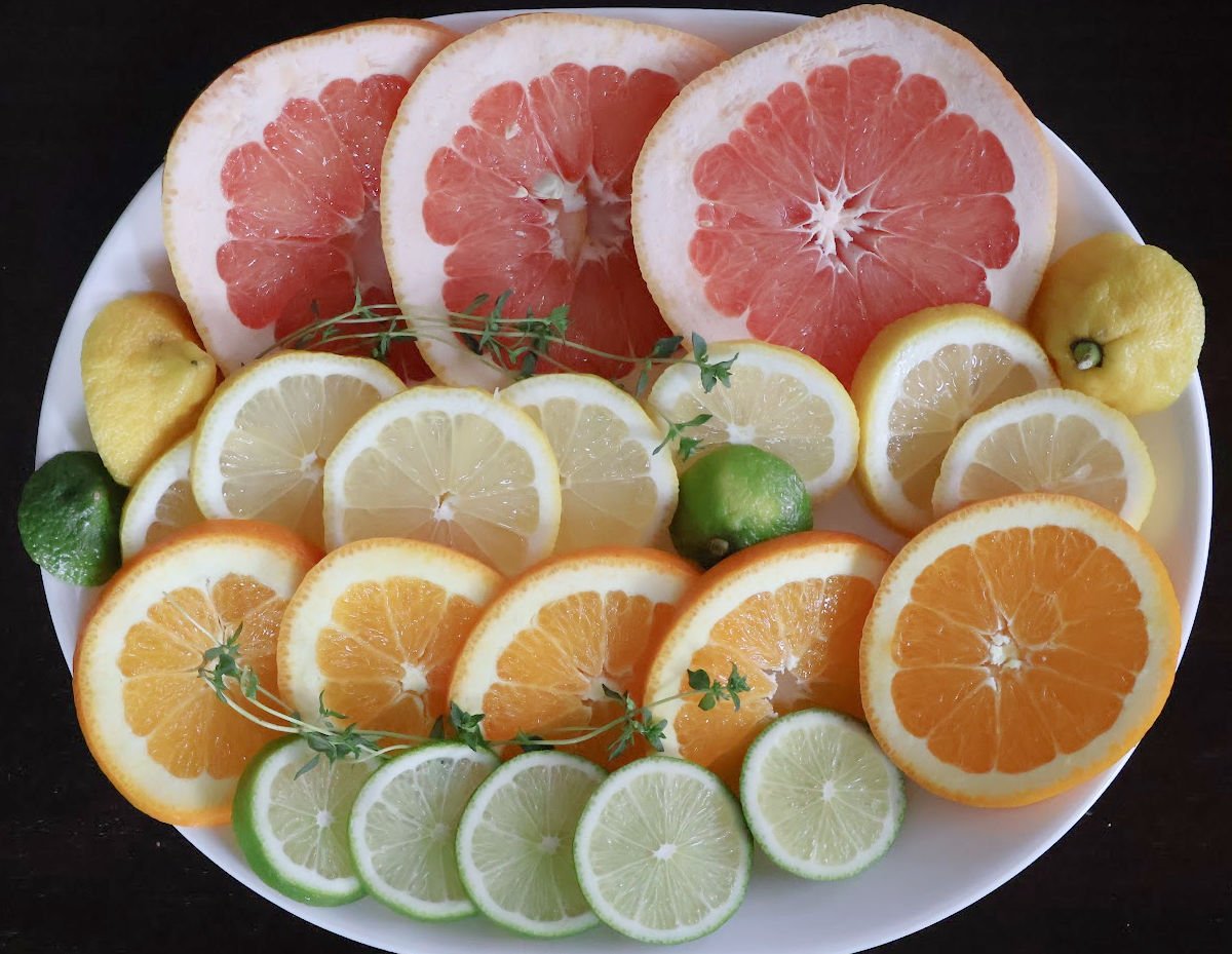 try of sliced citrus including grapefruit, lemon, orange and lime displayed as ingredients to be used for various summer simmer pots.