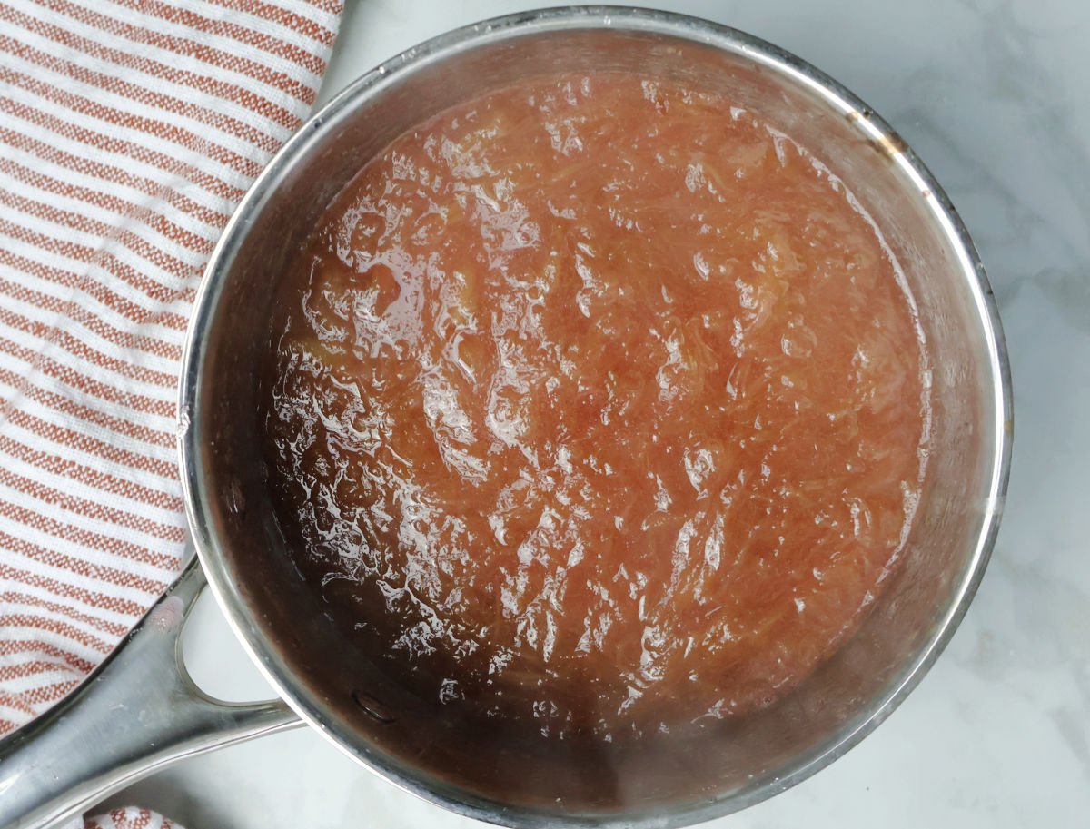 Cooked rhubarb sauce in a stockpot