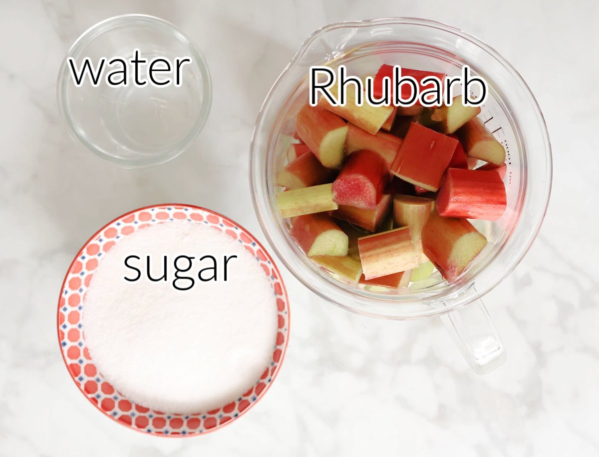 cut up rhubarb, white sugar and water