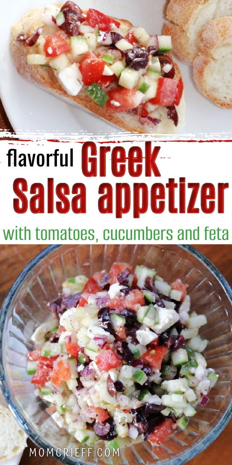 Bowl of Greek salsa with chopped cucumber, tomato, olives, and crumbled feta cheese. Also a baguette with Greek salsa on top.