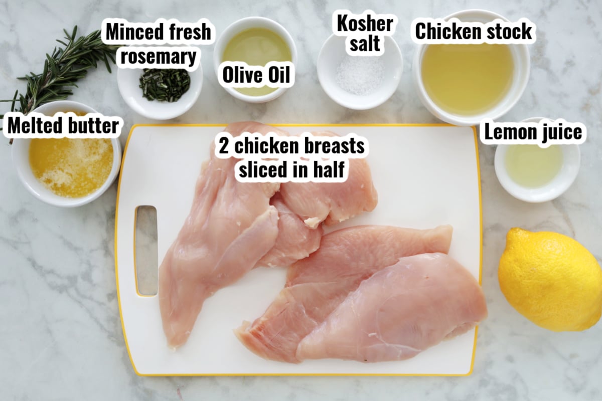 rosemary chicken ingredients include 4 pieces of chicken, fresh minced rosemary, oil, kosher salt, chicken stock, melted butter, lemon juice