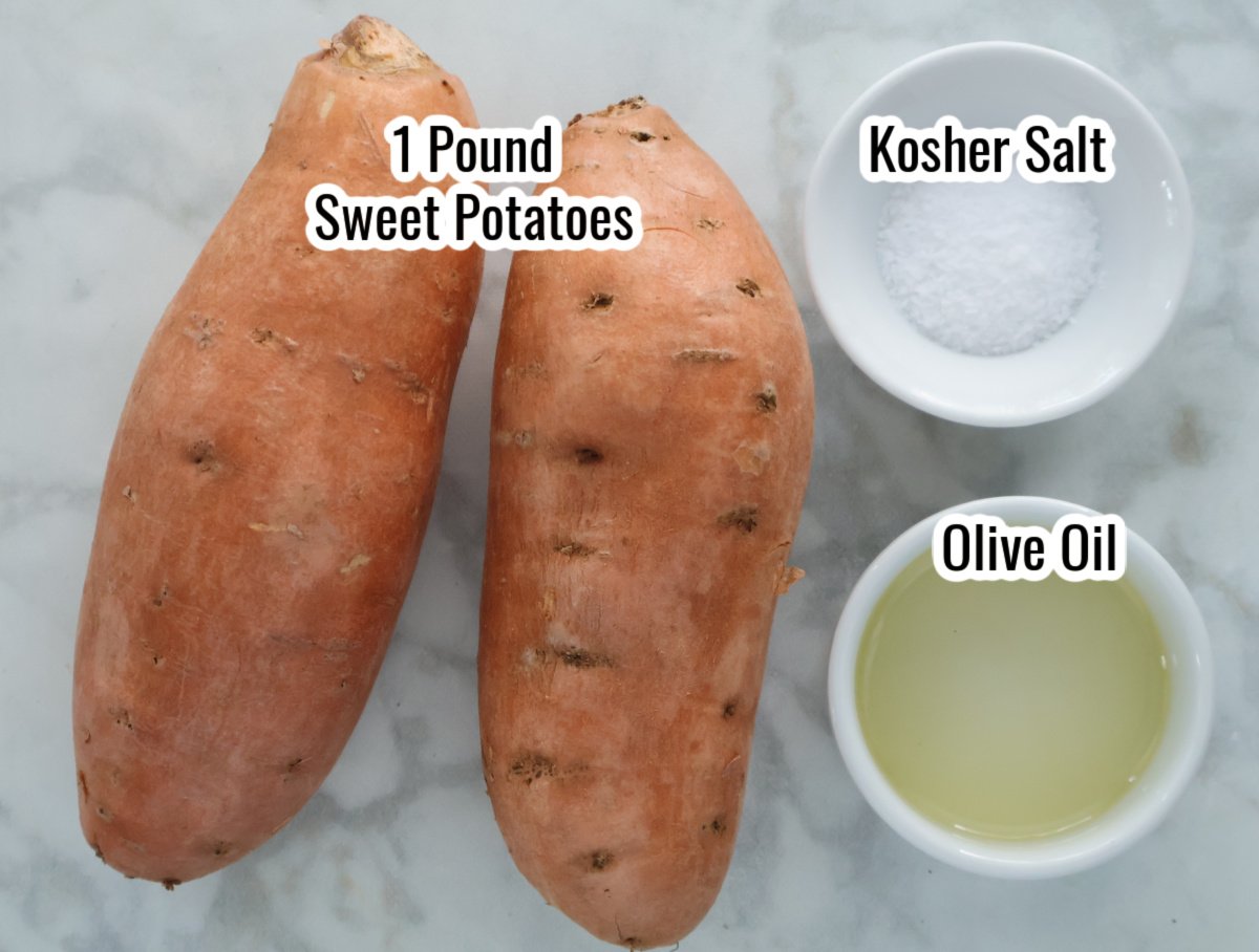 Ingredients for air frer roasted sweet potatoes includes 2 medium sweet potatoes, kosher salt and olive oil. 