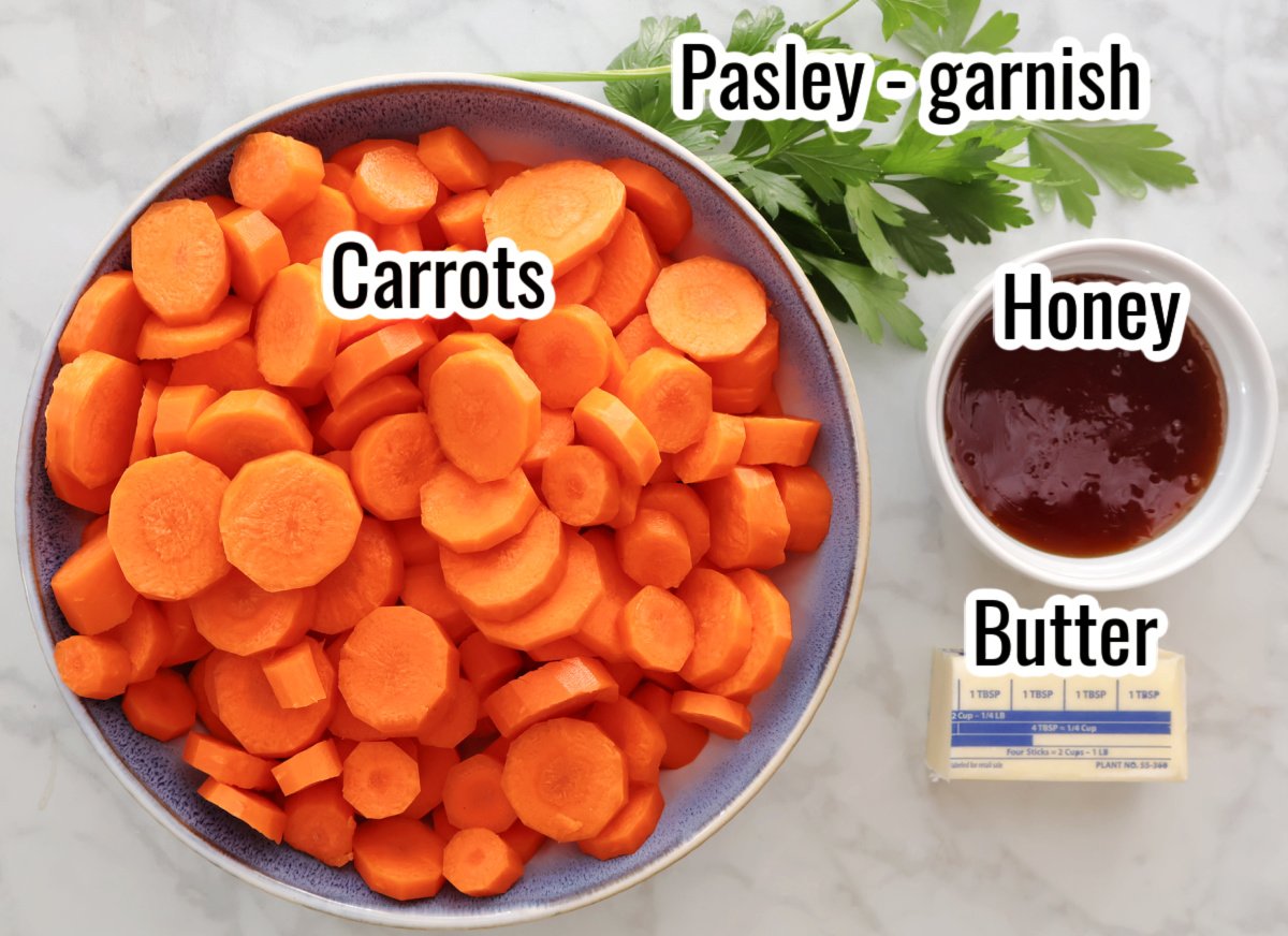 Three ingredients for these glazed carots are carrots, honey, butter and optional parsley for garnish.