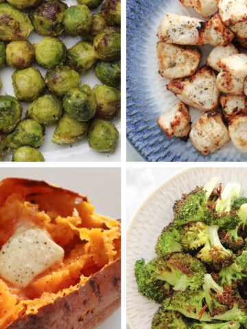 Images of air fried foods including brussel sprouts, chicken, baked sweet potato and broccoli