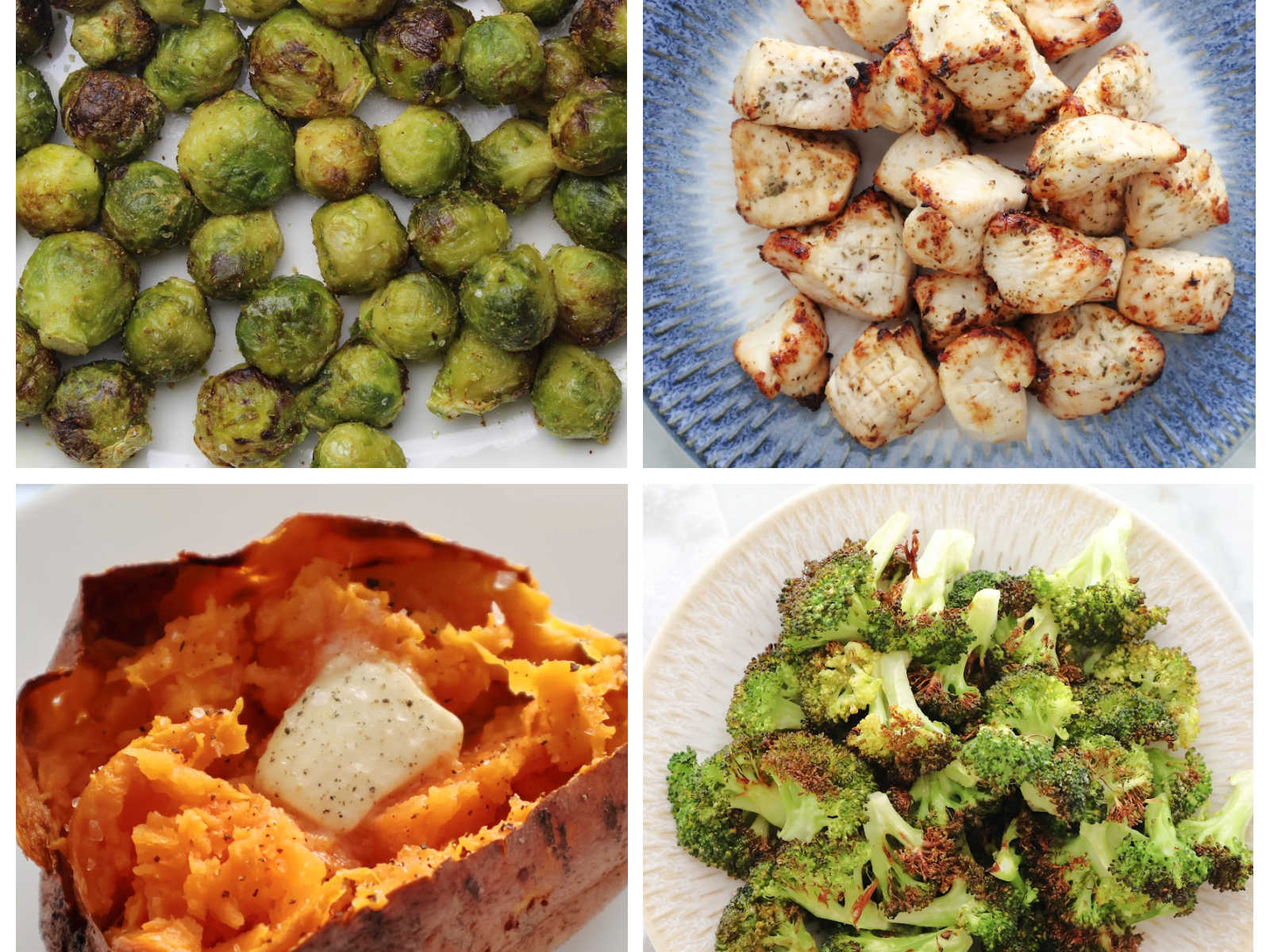 Images of air fried foods including brussel sprouts, chicken, baked sweet potato and broccoli