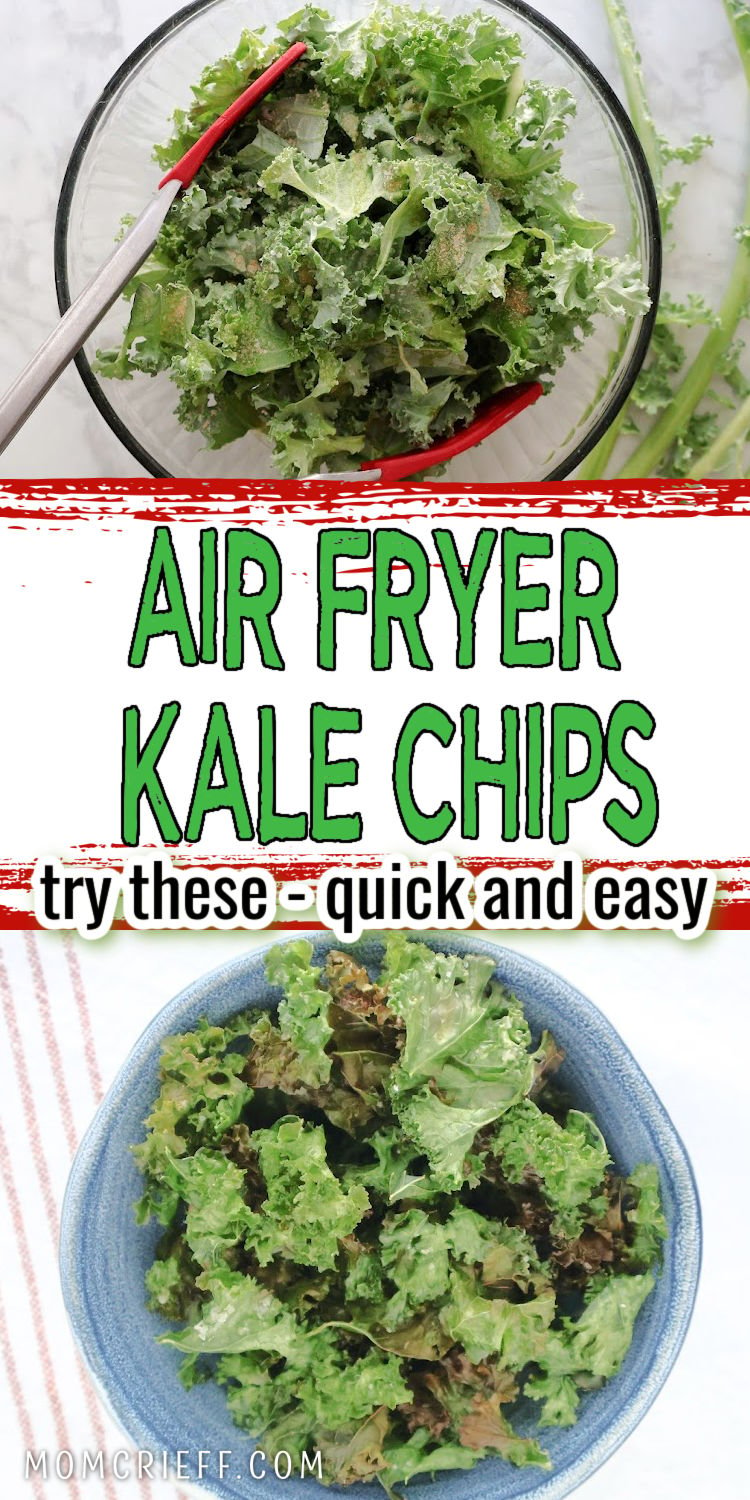 Top image shows air fryer kale chips in a clear bowl. Bottom image shows air fried kale in a blue bowl. Text states air fryer kale chips. Try these - quick and easy.