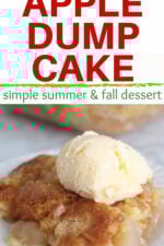 3 ingredient apple dessert with bubbly apple filling and crisp cake topping. Topped with a scoop of vanilla ice cream.