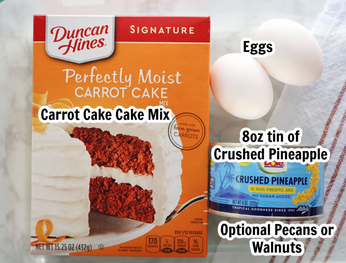 Ingredients for carrot cake muffins include Carrot cake boxed mix, eggs, and crushed pieces of pineapple. Text on image states optional pecan and walnuts can be used. 