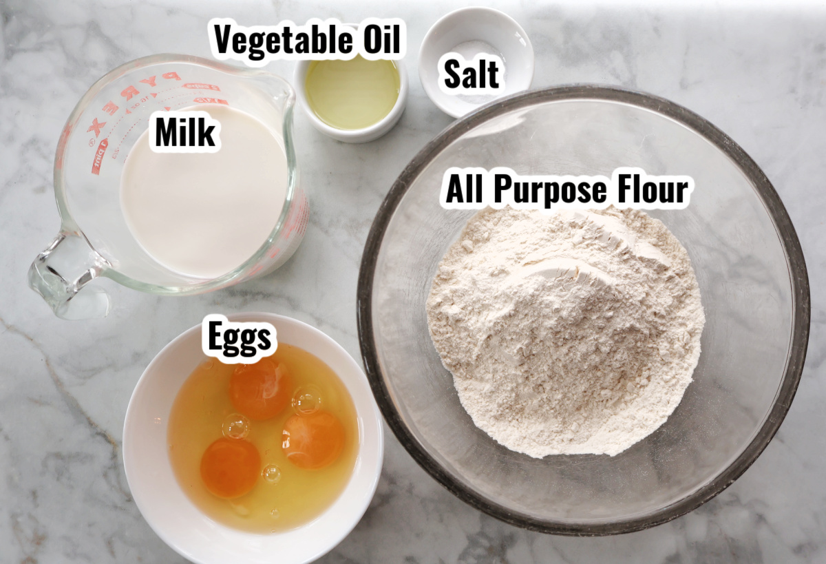 Ingredients for Yorkshire Pudding which includes All Purpose Flour, Milk, Eggs, Salt and Vegetable Oil