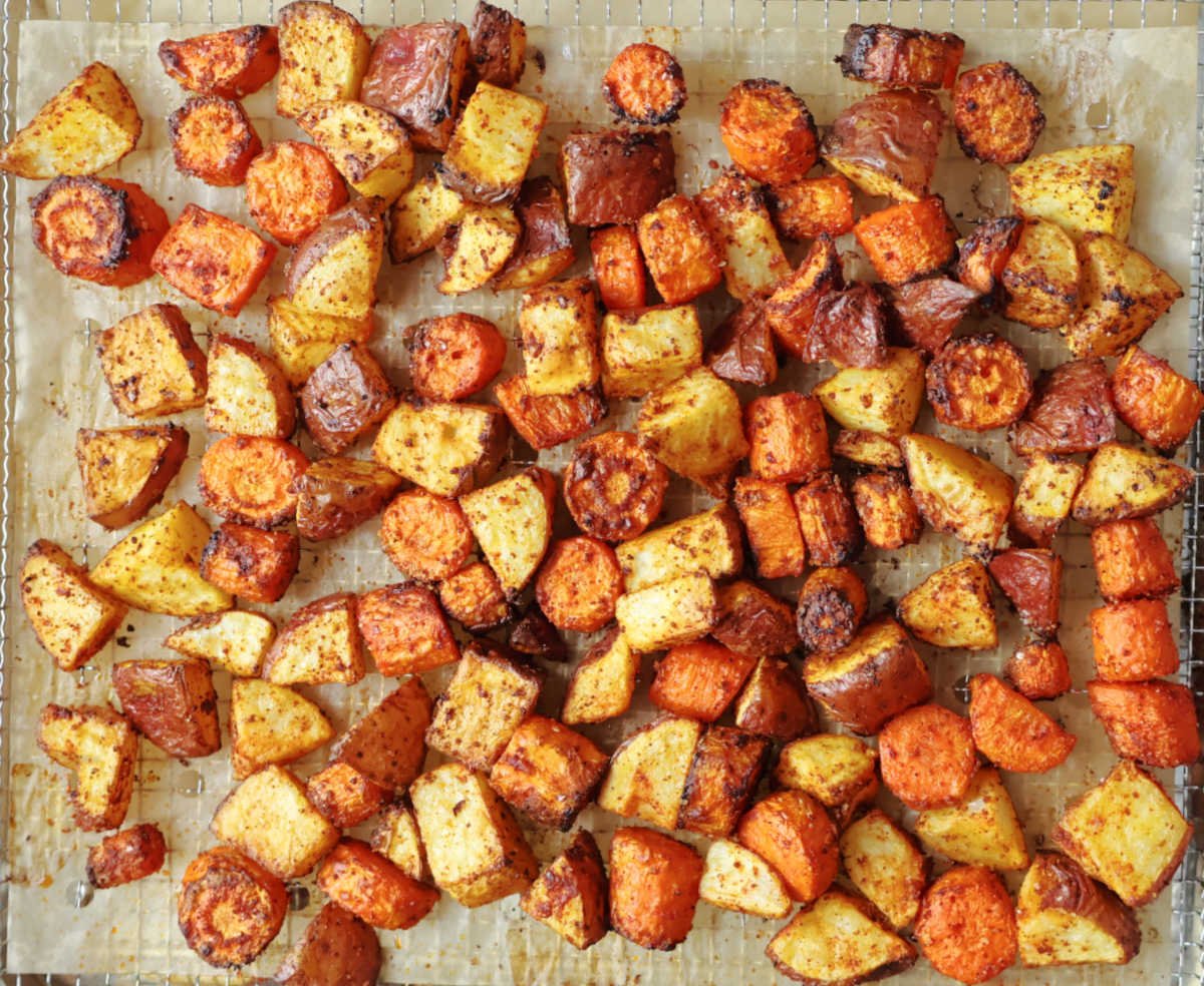 roasted and seasoned red potatoes and carrots