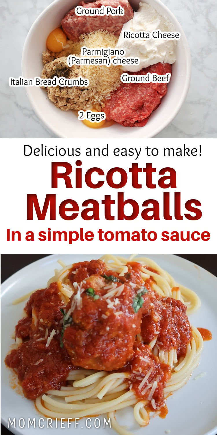 Meatball ingredients in top image and tomato sauced meatballs on pasta in bottom image.