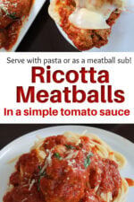 Top image shows rocotta meatball sub with meatballs and melted cheese. Bottom image shows ricotta meatballs on spagetti with tomato sauce.