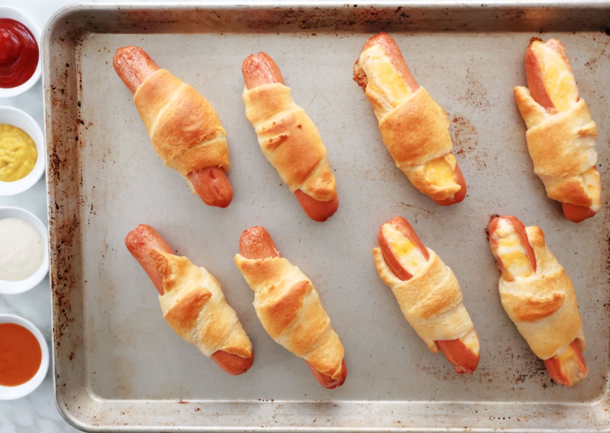 8 crescent dogs on a baking sheet, fully baked.  