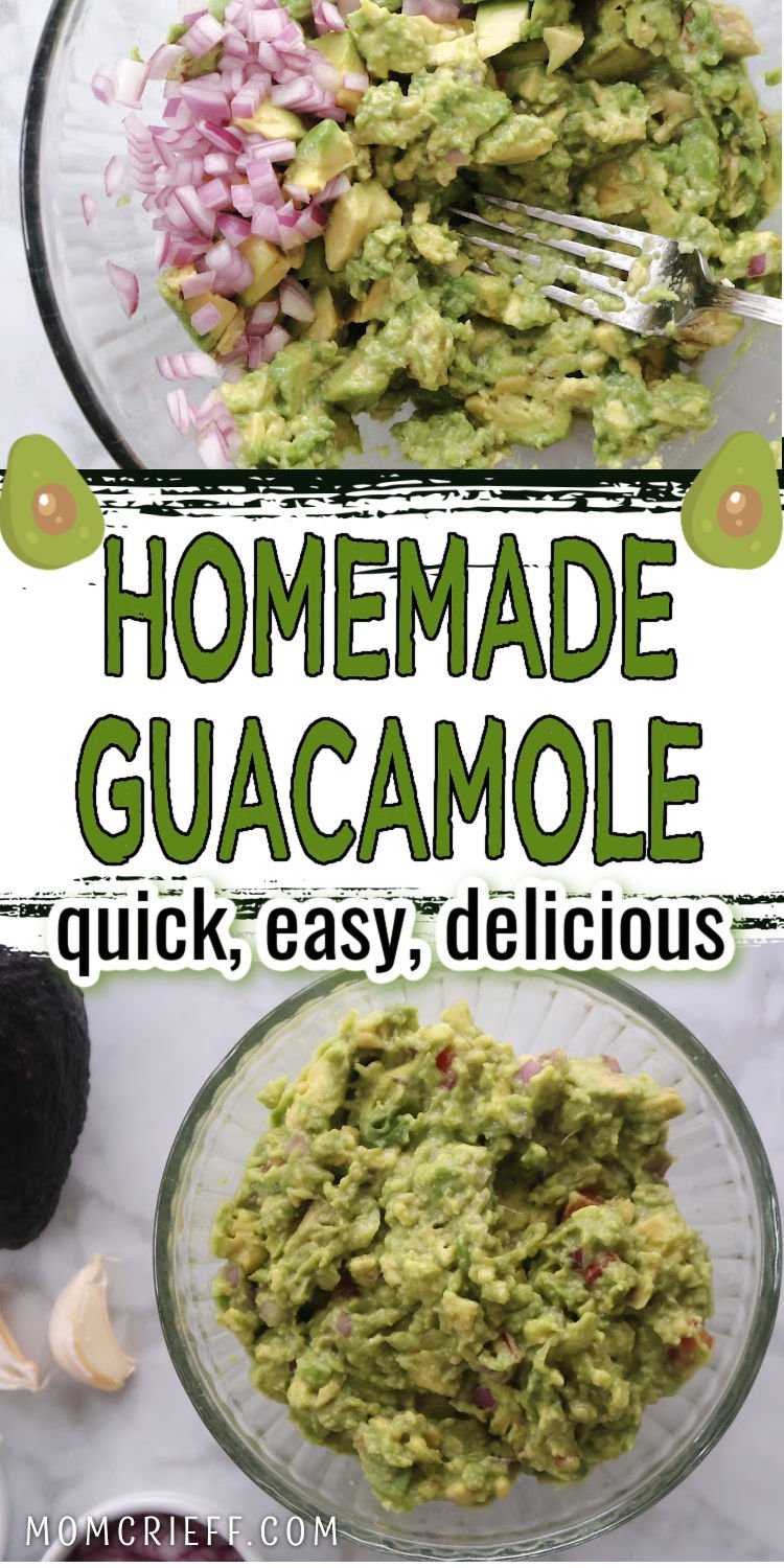 image of avocado being mashed and chopped red onion being added. Also image of guacamole ready to eat in a bowl. Text overlay states homemade guacamole - quick, easy, delicious.