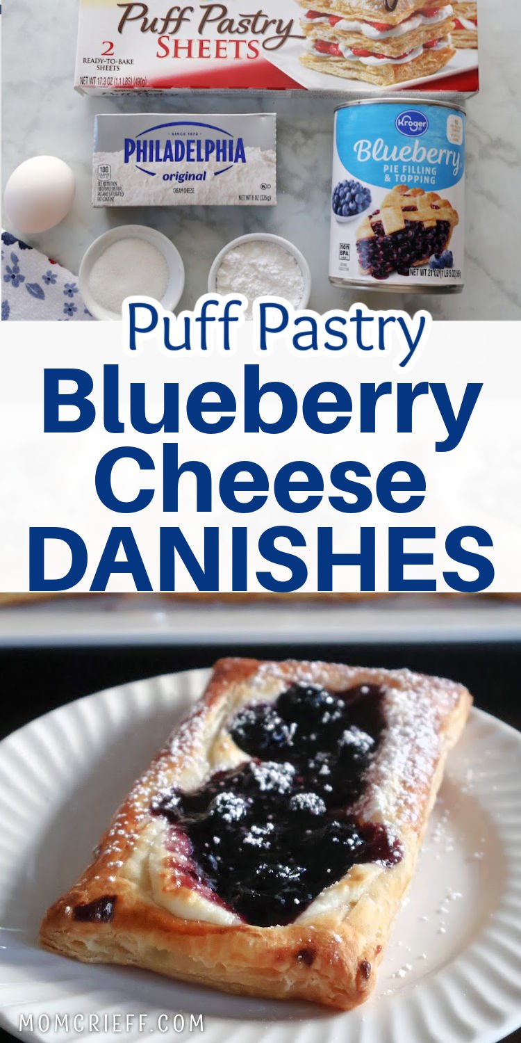 one image with ingredients for the blueberry cheese danishes and another image with the baked blueberry danish.